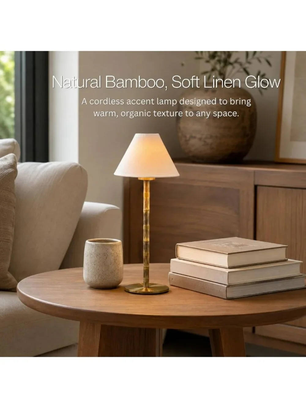 Rechargeable Bamboo Cordless LED Table Lamp - Dimmable Warm Light, Portable